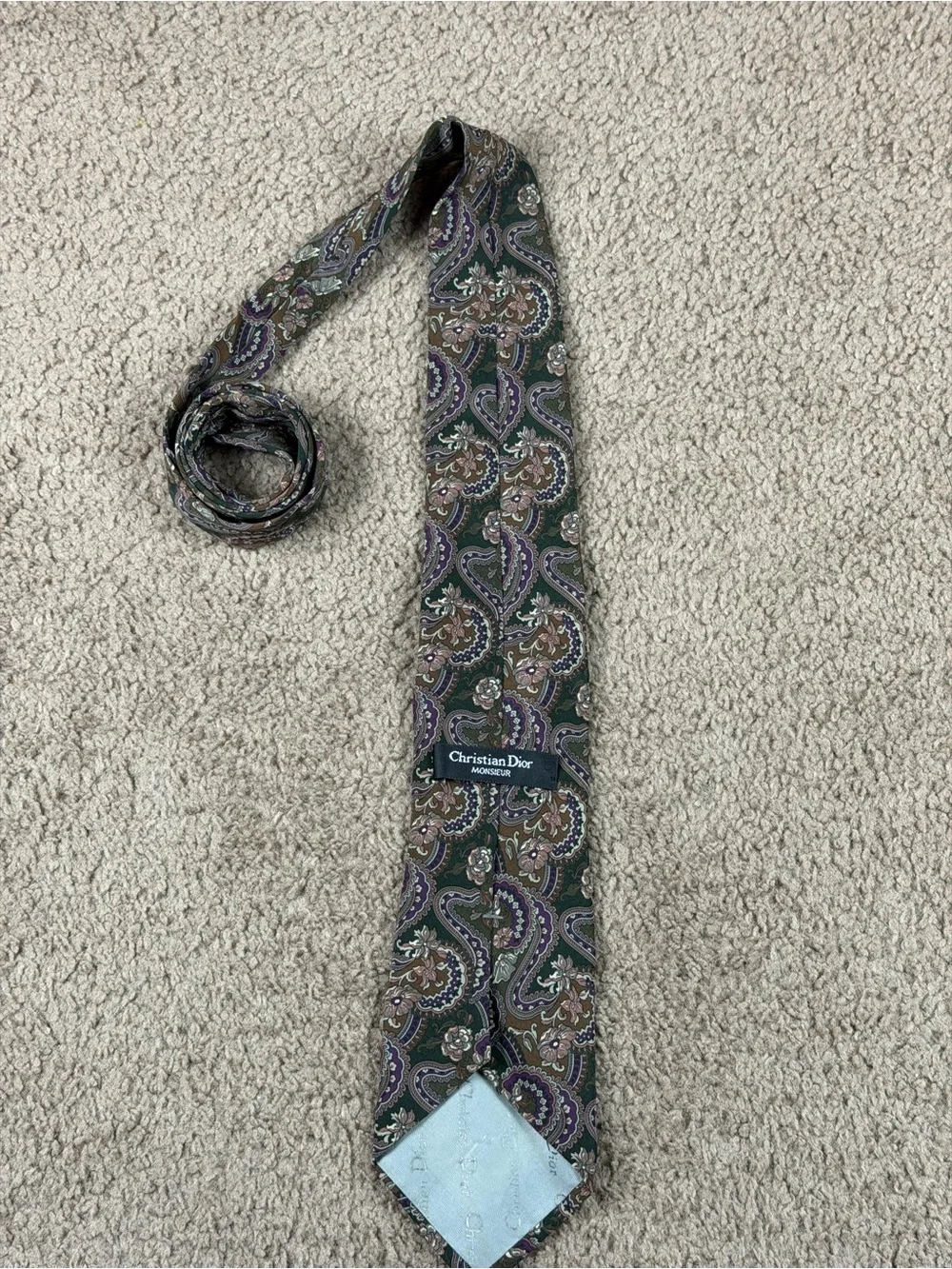 Dior Green Paisley Tie with Purple and Brown Accents
